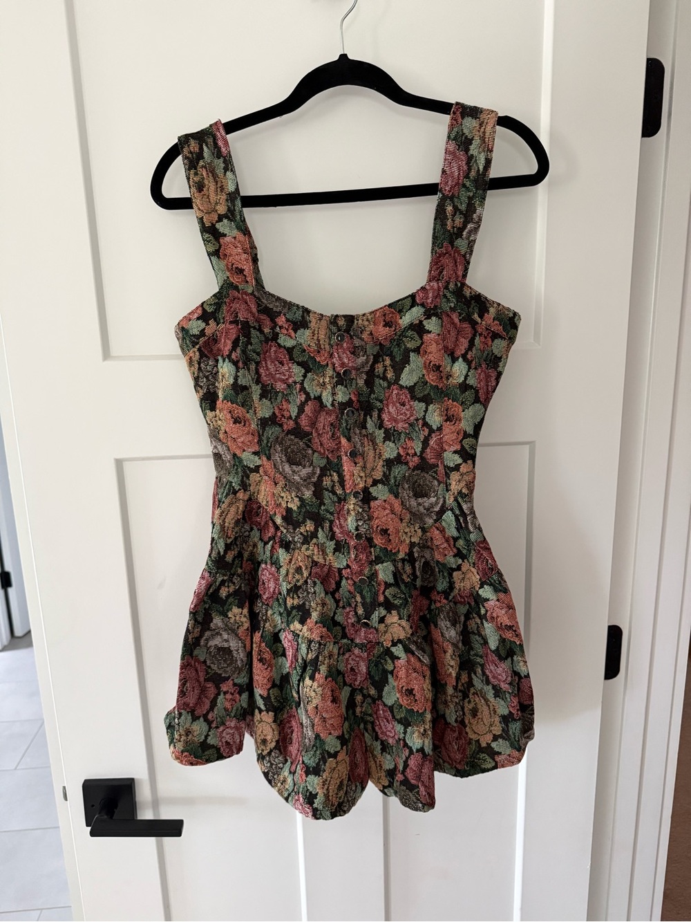 Promesa Floral Textured Romper in Black with Pink, Green & Gold Floral Print